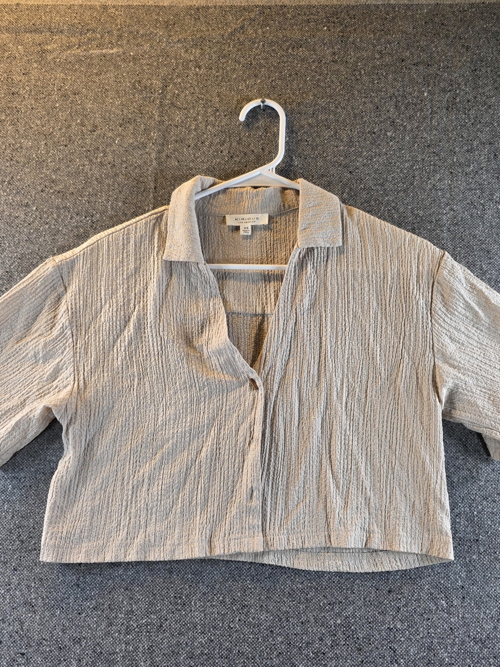 Kinross Natural Textured Crop Button-Down Top - Cream